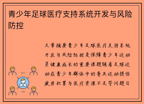 青少年足球医疗支持系统开发与风险防控